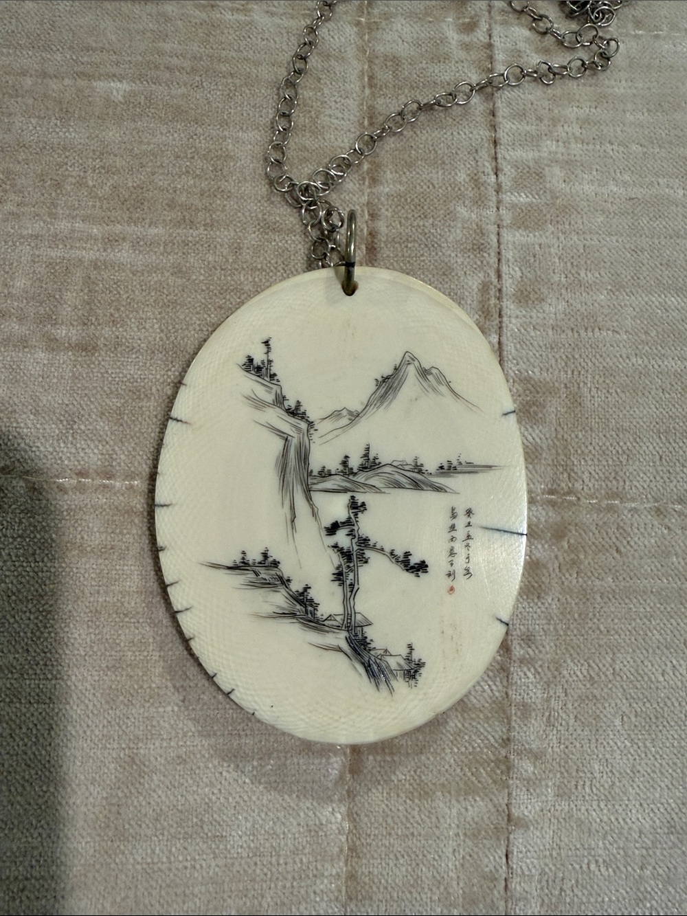 Ivory scrimshaw plaque turned into a pendant double sided  vintage